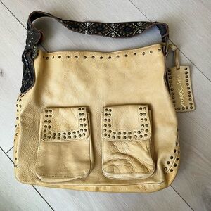 Betsey Johnson Yellow/Tan Leather Hobo Purse with Beaded Strap.